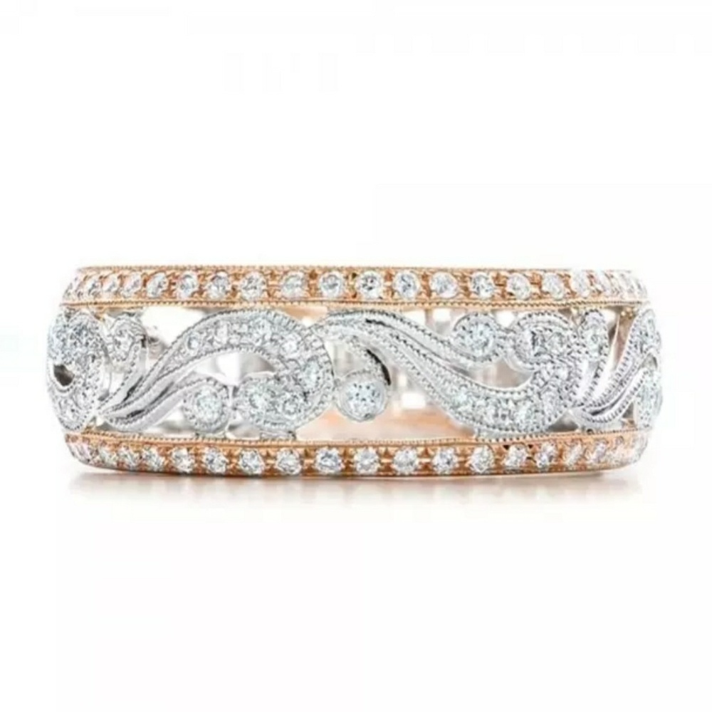 Two tone Silver & Rose Gold Filigree Wedding Band - Picture 2 of 5